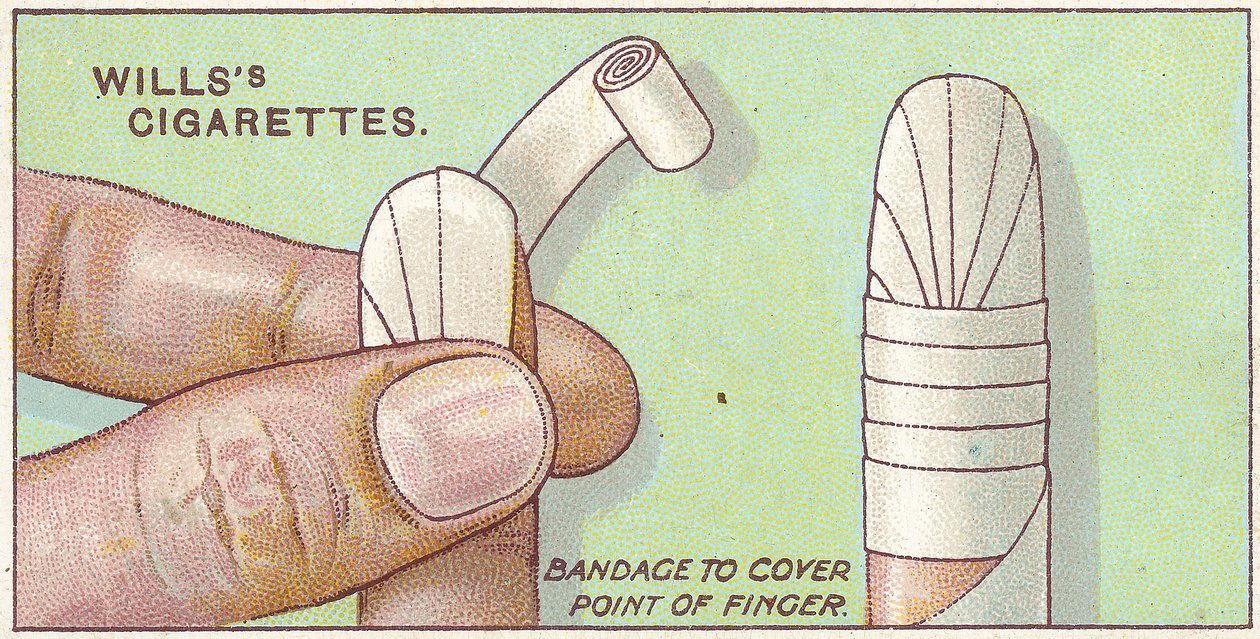 Atadura de dedo, no.50 da série de primeiros socorros de cartões de cigarros Willss, 1913 de English School