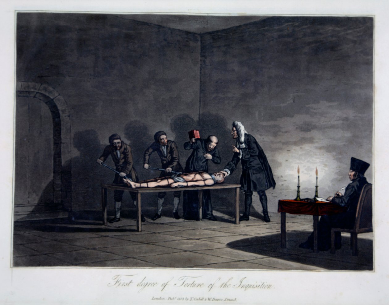 First Degree of Torture of the Inquisition, gravada por L.C. Stadler, pub. por Cadell & Davies, Londres, c.1813 (gravura a cores) de English School