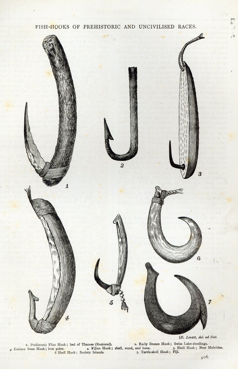 Anzóis de raças pré-históricas e não-civilizadas, de &39;Leisure Hour&39;, 1888 (gravura) de English School