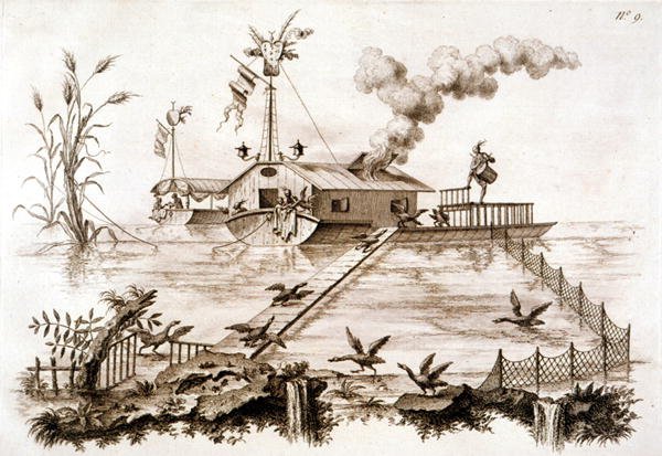Pesca com Cormorants usando um barco aquático e cercado, ilustração de 