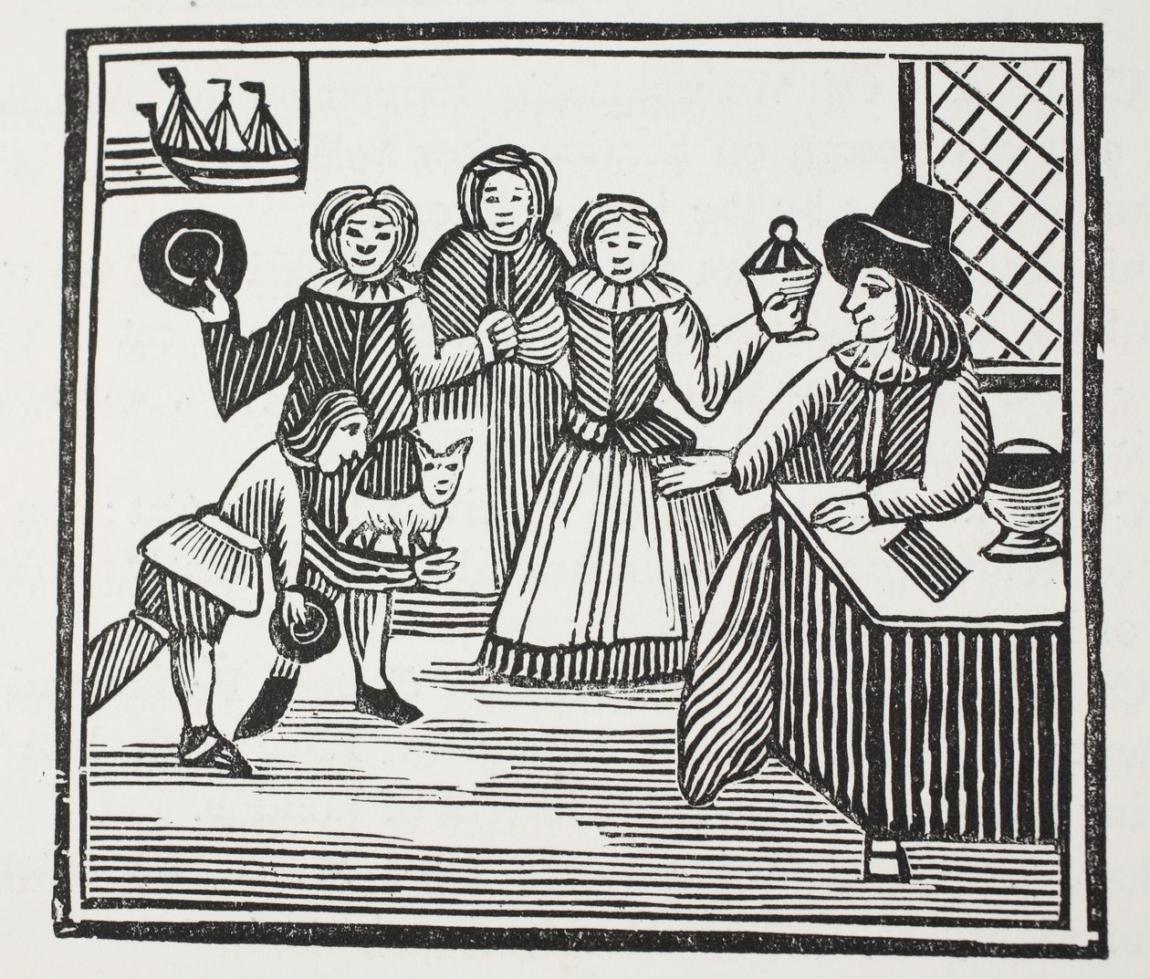 Fitzwarren que recebe seus empregados empreendimentos, ilustração dos Chap-livros do século XVIII por John Ashton, bar. 1882 de English School