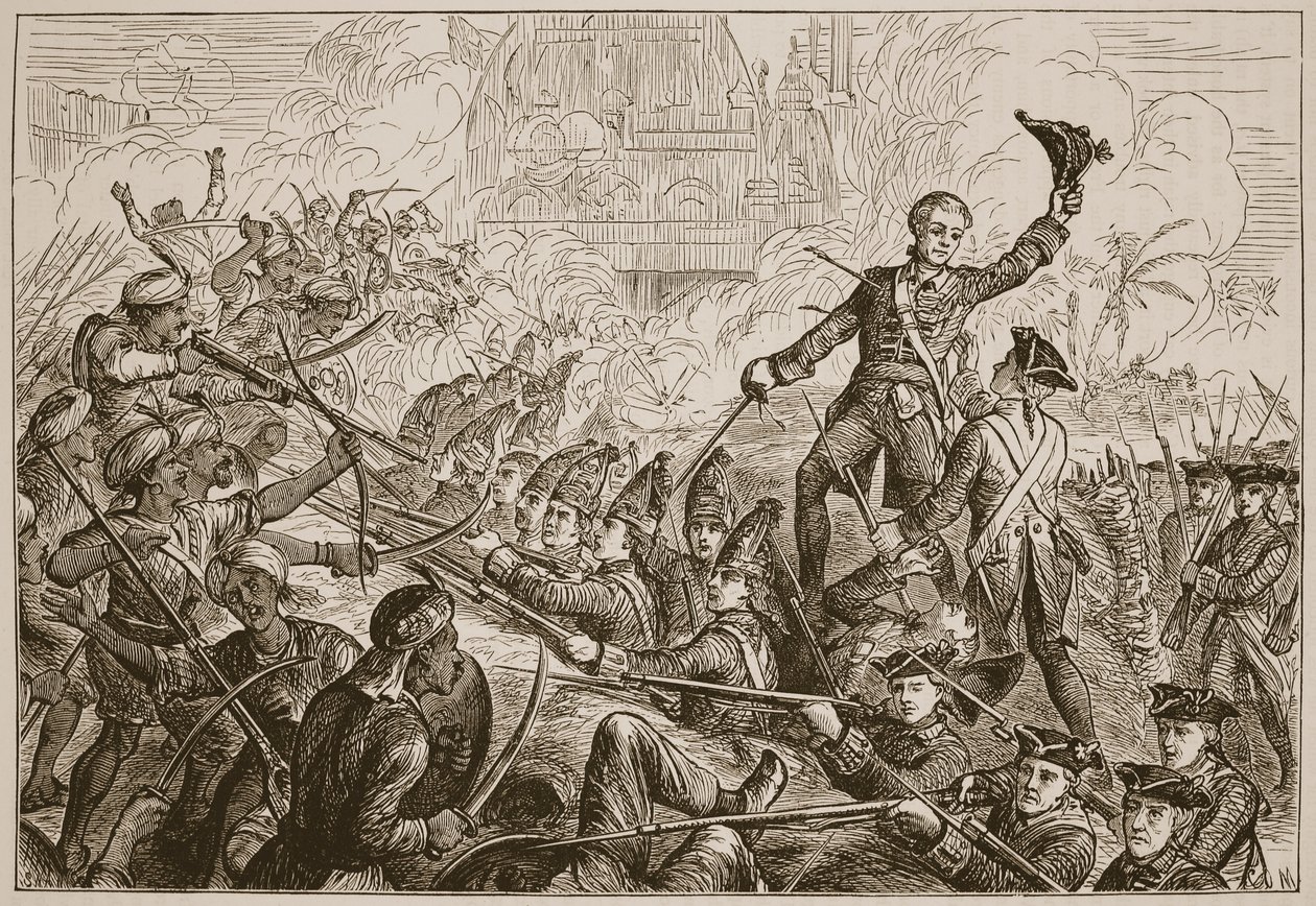Defesa de Fletchers do reduto em Tanjore, ilustração da história ilustrada de Cassells da Índia por James Grant, bar. 1879 de English School