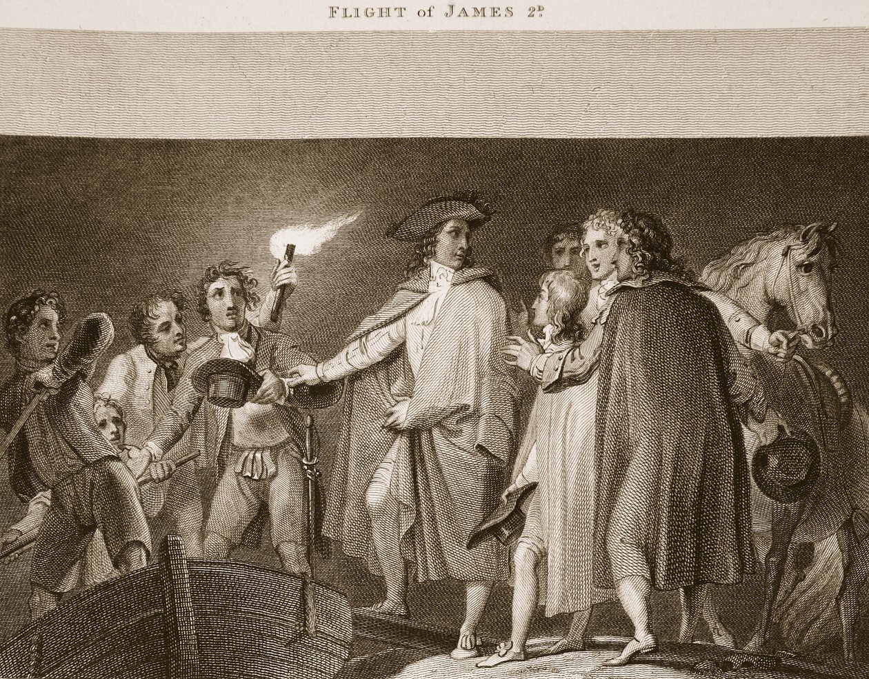 Vôo de James ò, ilustração de David Humes A História de Inglaterra, bar. por R. Bowyer, Londres, 1812 de English School