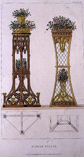 Estandes de flores, placa 163 do Repositório de Artes da Ackermann, publicado 1809-28 (cor litho) de English School