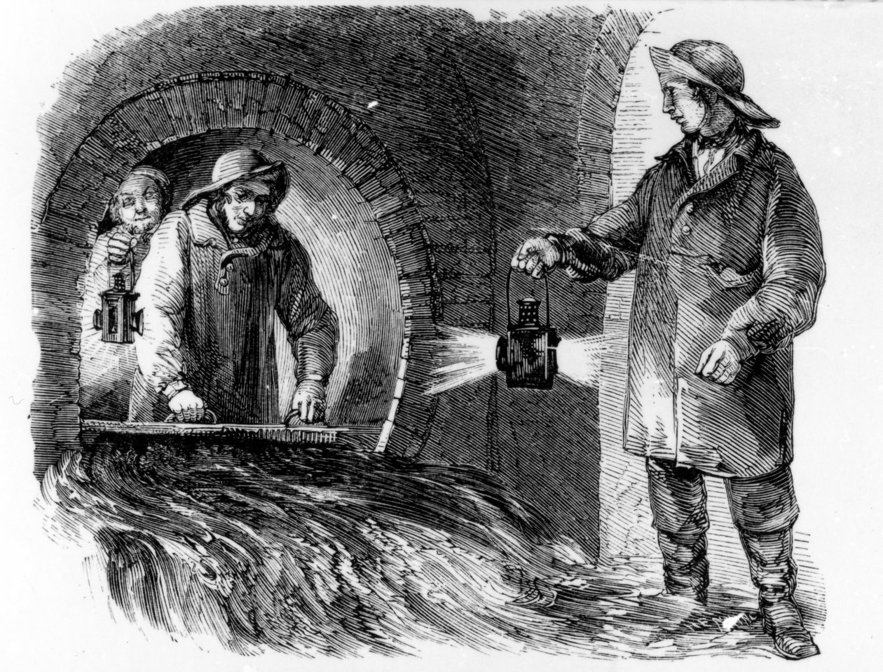 Flushing the Sewers, ilustração de "London Labour and the London Poor", de Henry Mayhew, c.1840s de English School