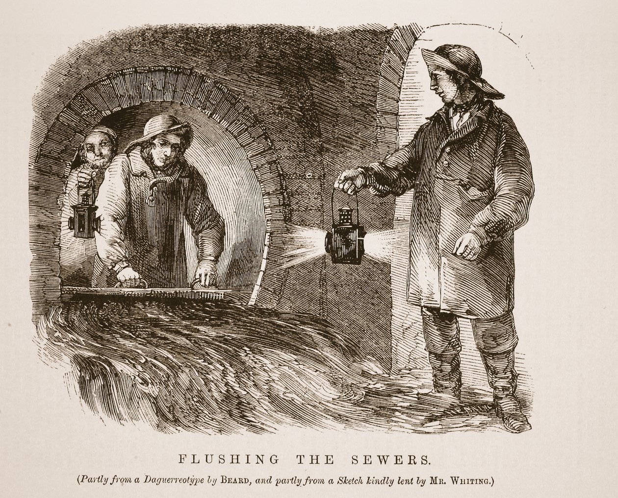 Lavando os esgotos, em parte do daguerreótipo de Richard Beard e em parte de um esboço gentilmente emprestado por Whiting, ilustração do London Labour and London Poor de Henry Mayhew, pub. 1862 (iluminado de English School