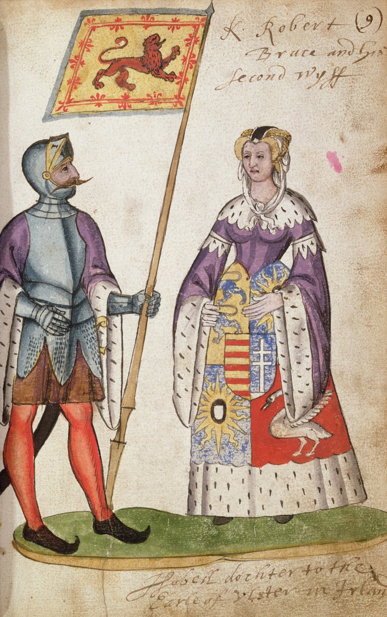 Fol.9 Robert the Bruce e sua segunda esposa, Elizabeth de Burgh, do Seton Armorial, 1591 de English School