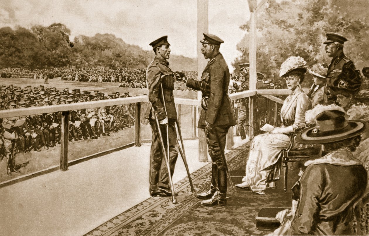 Para Valor: Rei George decorando o soldado Thomas Hughes, do Connaught Rangers, com o VC, em Hyde Park, 2 de junho de 1917, 1914-19 de English School