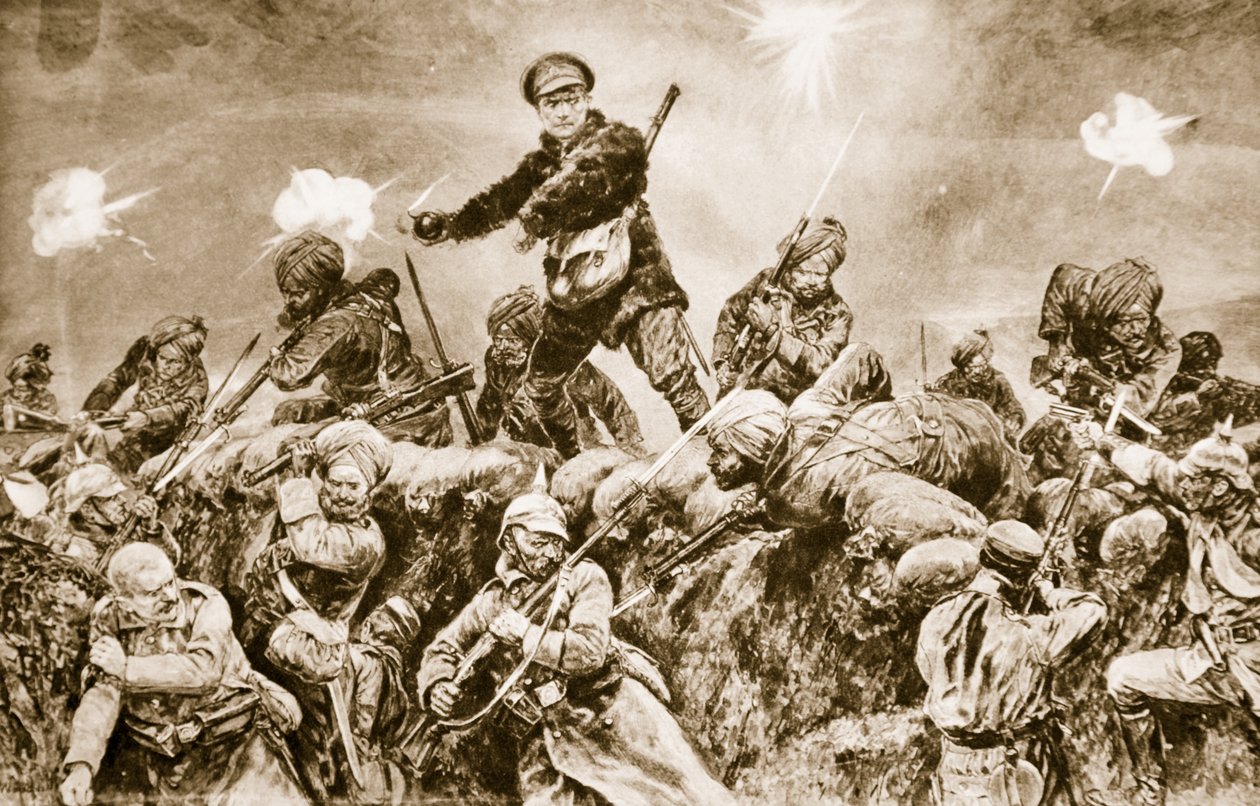Para a glória do Raj: tropas indianas cobrando as trincheiras alemãs em Neuve Chapelle, março de 1915, 1914-19 de English School