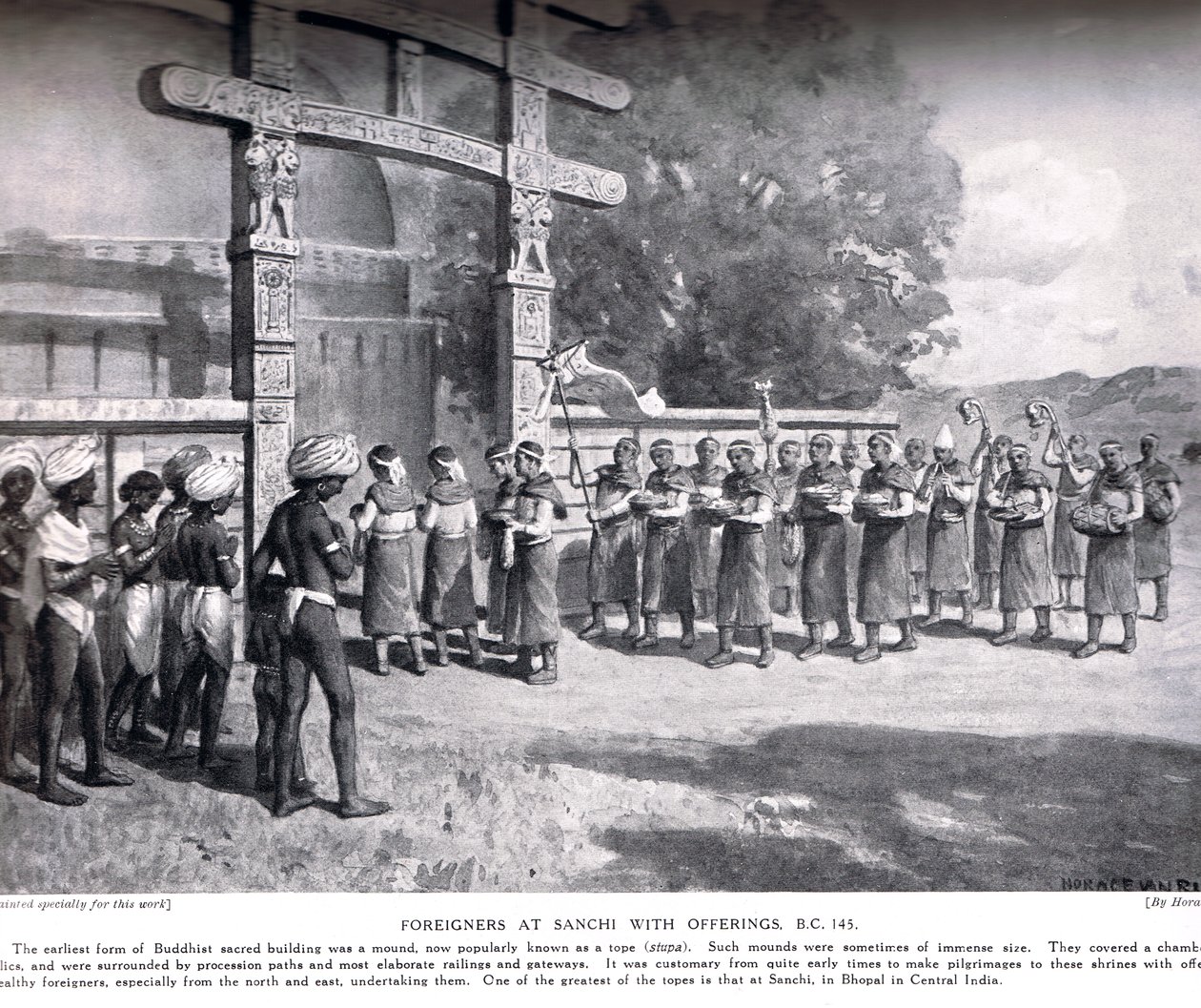 Estrangeiros em Sanchi com ofertas em 145 aC, ilustração da Hutchinsons História das Nações, c.1910 de English School