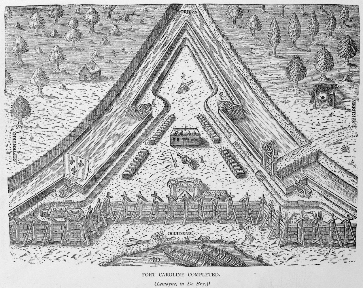 Fort Caroline Completed, de "A História Narrativa e Crítica da América", editado por Justin Winsor, Londres, 1886 de English School