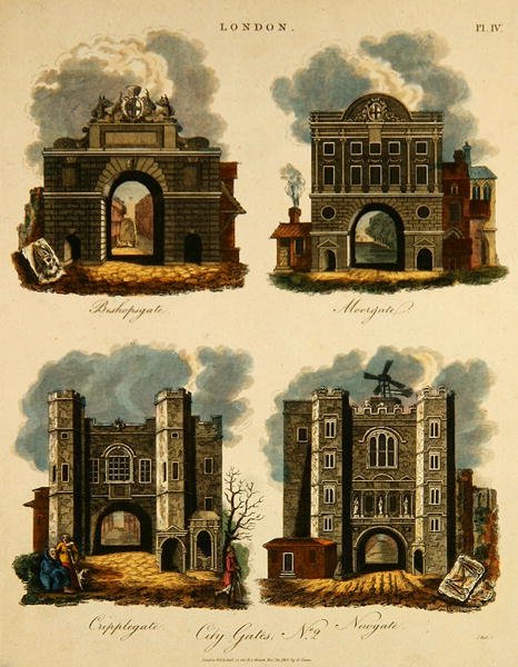 Quatro Portões da Cidade: Bishopsgate, Moorgate, Cripplegate e Newgate, gravados por J. Pass, pub. por G. Jones de English School
