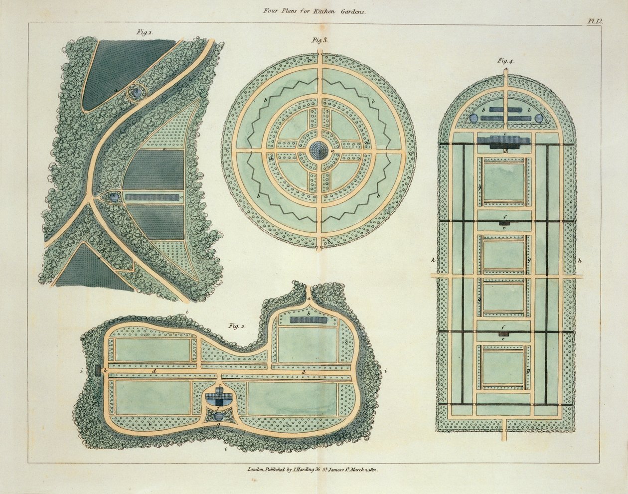 Quatro planos para jardins de cozinha, de dicas sobre a formação de jardins e jardins de prazer por John Claudius Loudon (1783-1843) publicado de 1812 de English School