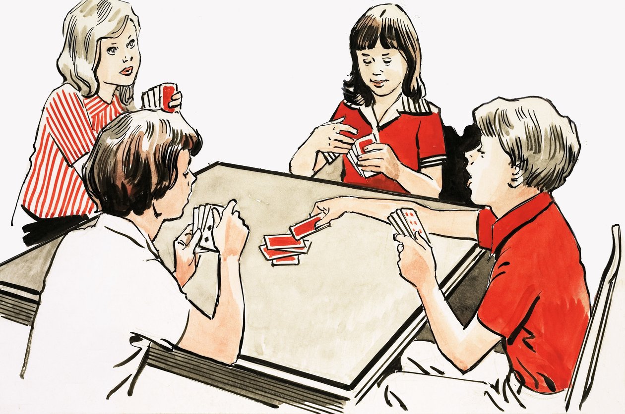 Quatro crianças a jogar às cartas de English School