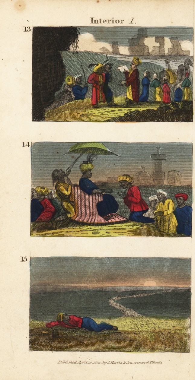 Frederick Horneman lendo o Corão aos Berberes de Siwa Oasis 13, uma caravana saudando o Sultão de Fezzan 14, e um viajante deixado para trás no deserto de English School