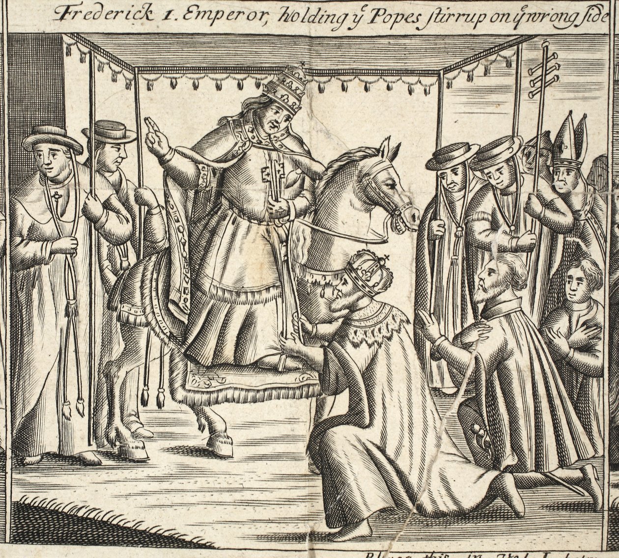 Frederico I, Imperador, segurando-o Popes estribo no lado errado, ilustração de Atos e Monumentos por John Foxe, nona edição, pub. 1684 de English School