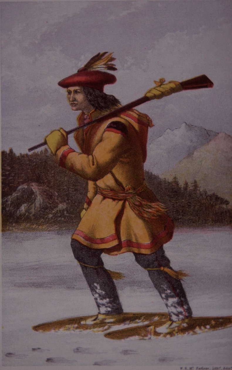 Caçador de peles francesas no Canadá no século XVIII (cor litho) de English School