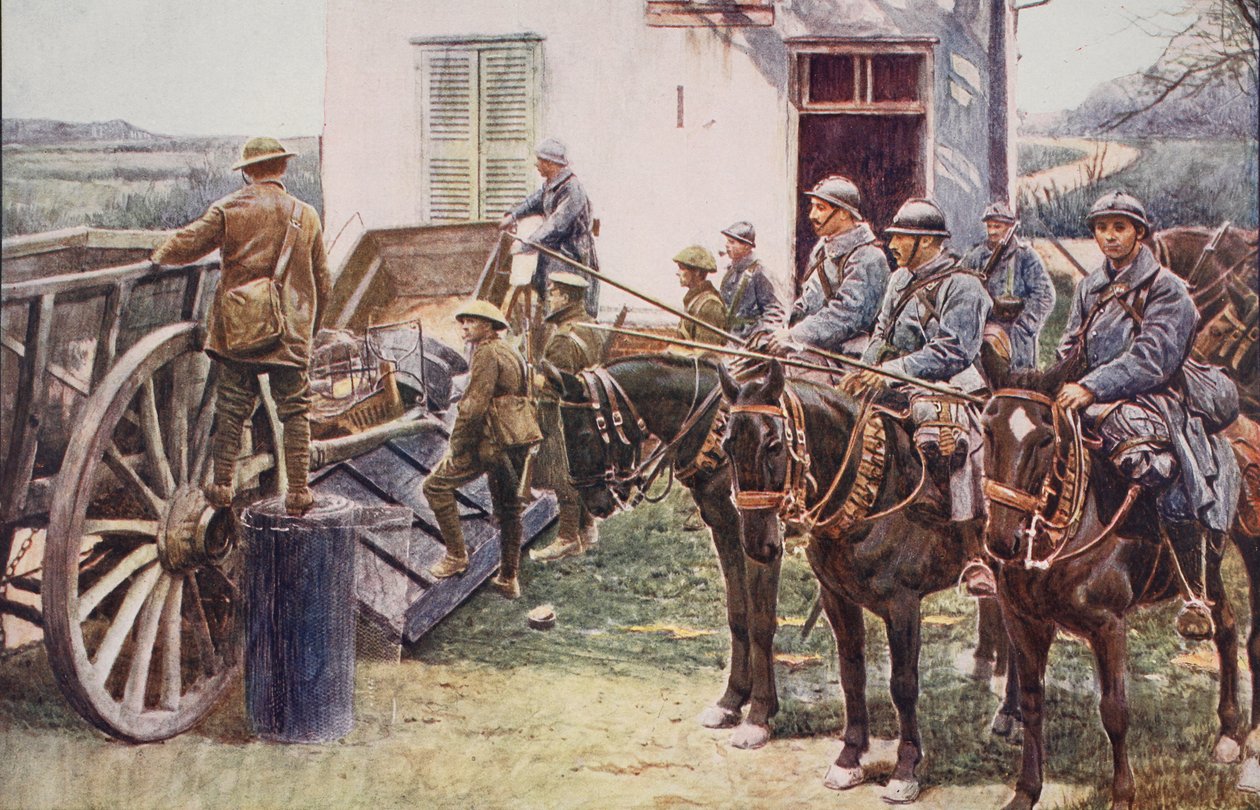 Lancers franceses que chegam em um posto avançado da vila, vindo em ajuda das forças britânicas, 1914-19 de English School