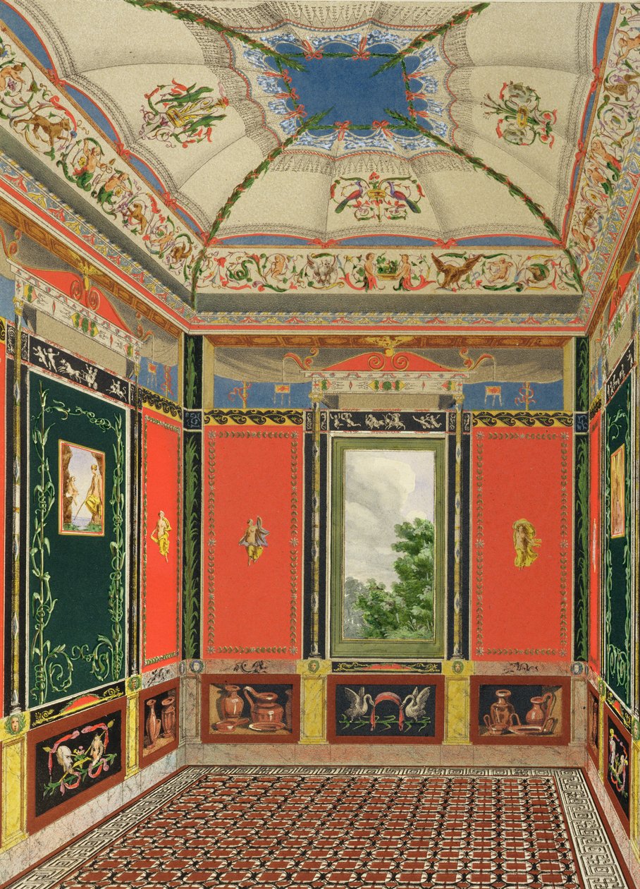 Decoração de afrescos na Casa de Verão do Palácio de Buckingham, de As Decorações do Pavilhão do Jardim nos Jardins do Palácio de Buckingham por Ludwig Gruner (1801-82) e Anna Brownell Jameson (1794-1) de English School