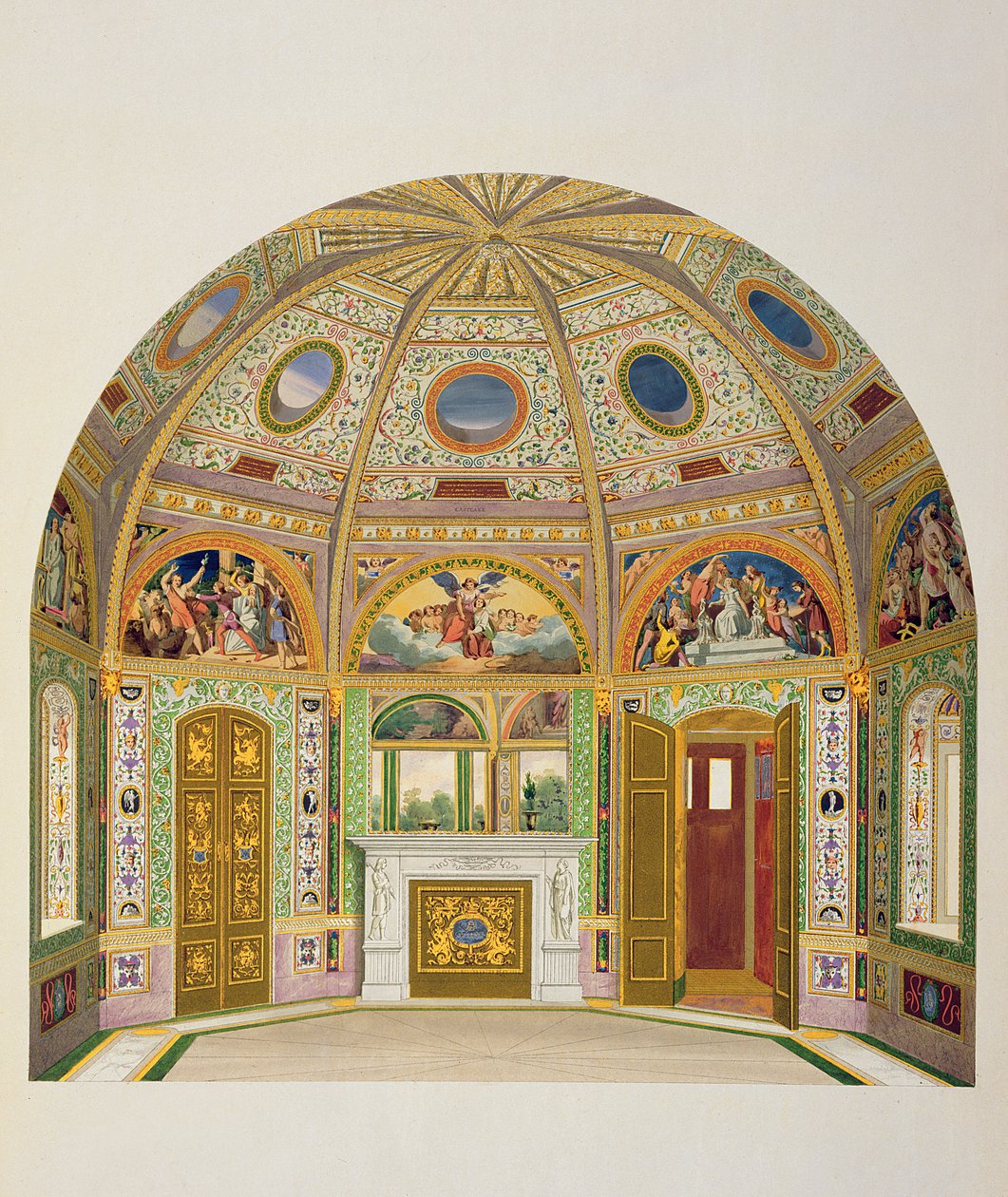 Decoração de afrescos na Casa de Verão do Palácio de Buckingham, de As Decorações do Pavilhão do Jardim nos Jardins do Palácio de Buckingham por Ludwig Gruner (1801-82) e Anna Brownell Jameson (1794-1) de English School