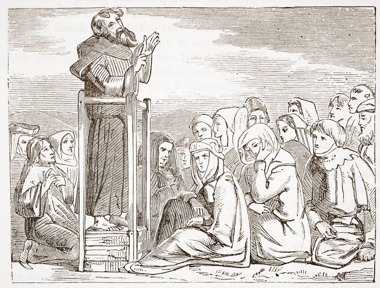 Frei pregando de um púlpito móvel, ilustração de A História do Protestantismo, de James Aitken Wylie (1808-1890), pub. 1878 de English School