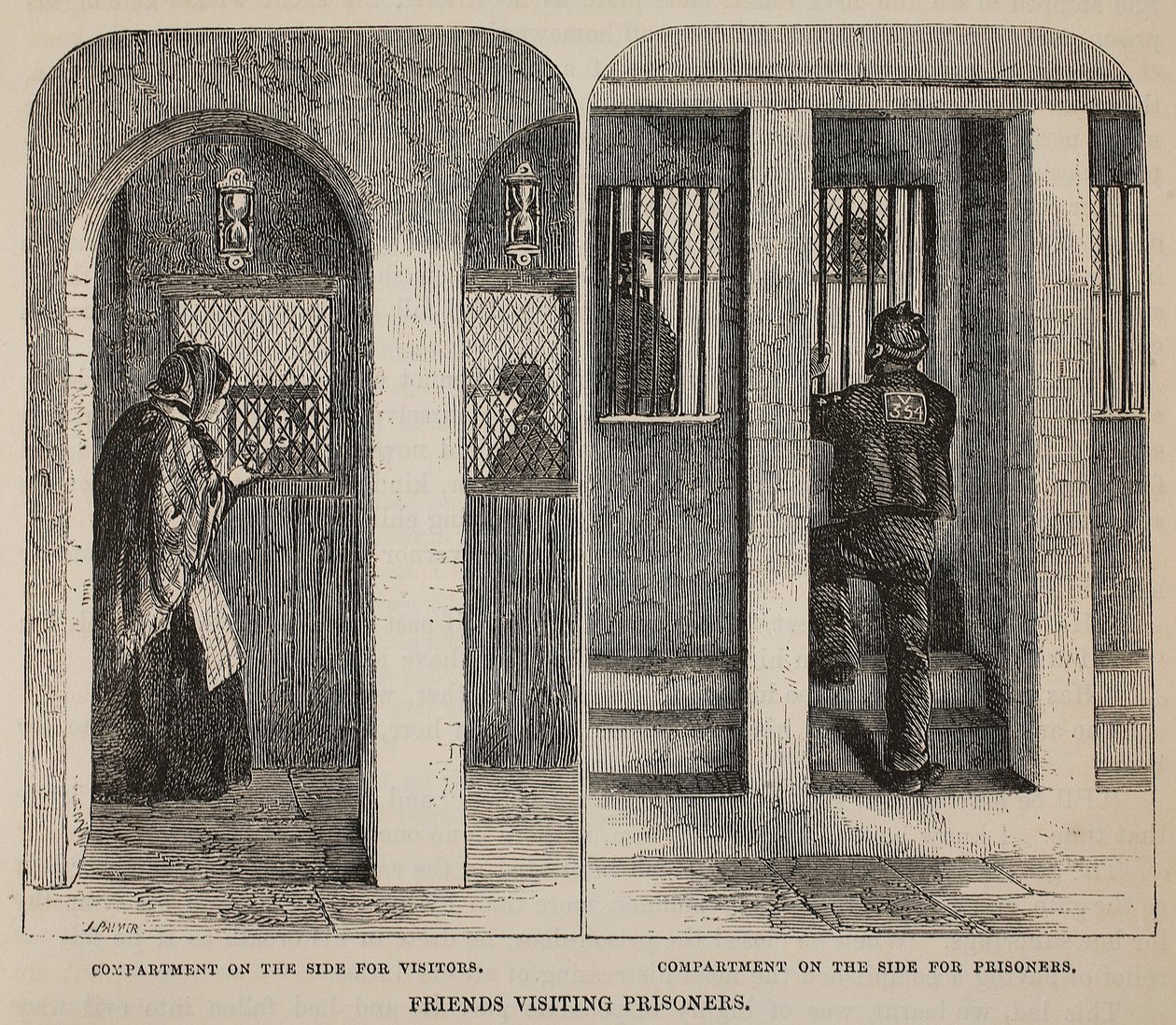 Amigos que visitam prisioneiros, ilustração das prisões criminosas de Londres e cenas da vida da prisão por Henry Mayhew e por John Binny, bar. 1862 de English School