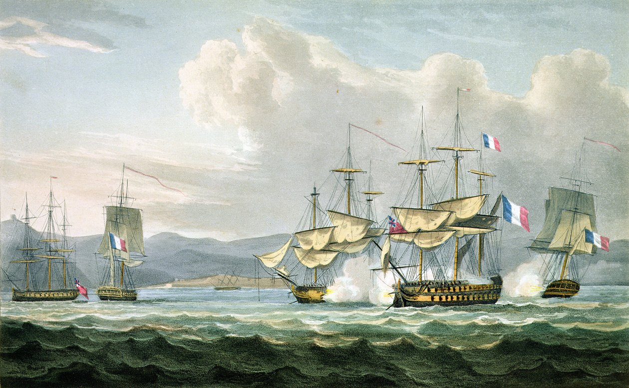 Ação de fragata em Vizagapatam Roads, na Índia, 18 de setembro de 1804, gravada por T. Sutherland para The Chronology Naval da Grã-Bretanha por J. Ralfe, publicada em 1820 de English School
