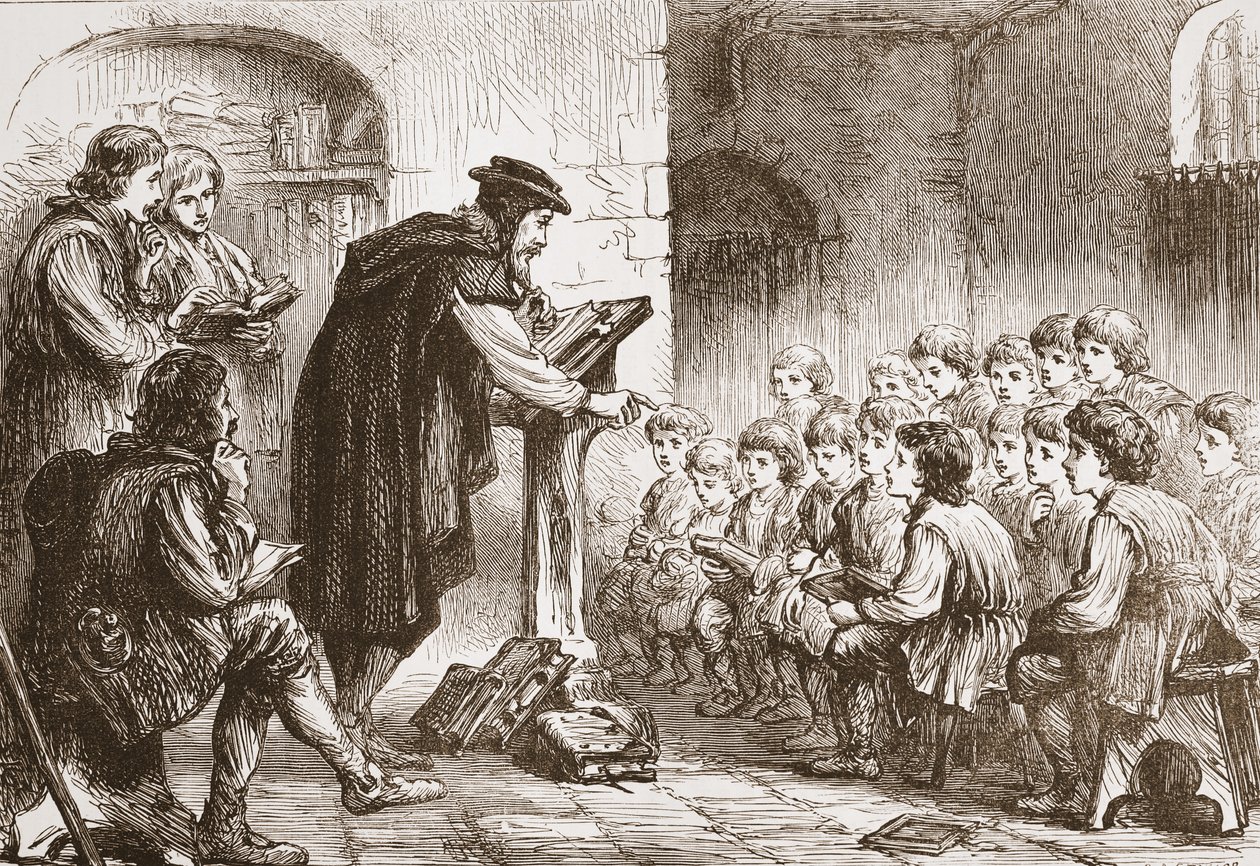 Escola de Froments no Molard, ilustração da história do protestantismo por James Aitken Wylie (1808-1890), bar. 1878 de English School