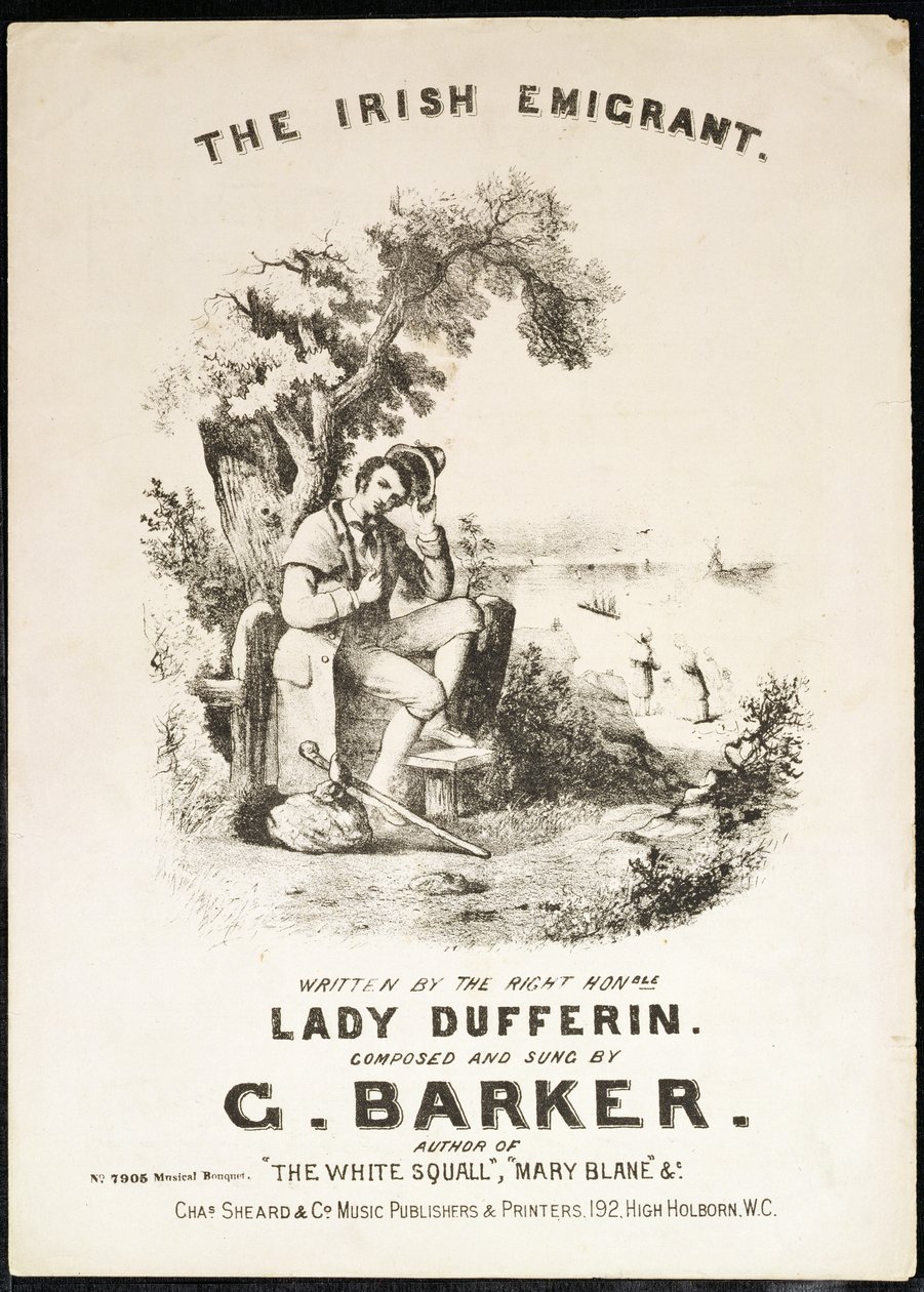 Capa da partitura para The Irish Immigrant, escrita por Lady Dufferin, composta por G. Barker de English School