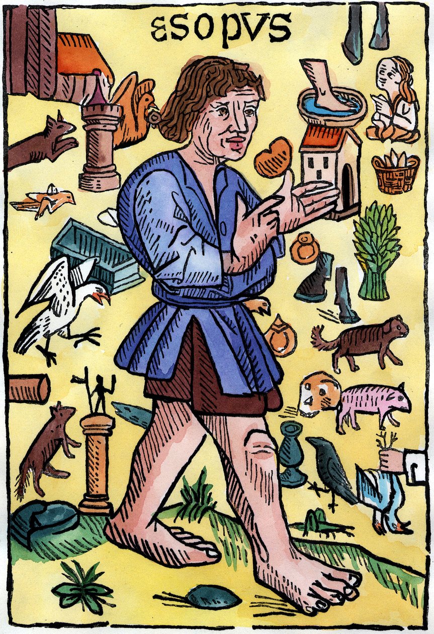 Frontispício das "Fábulas" de Esopo, edições impressas na Inglaterra por William Caxton (1422? - 1491). de English School