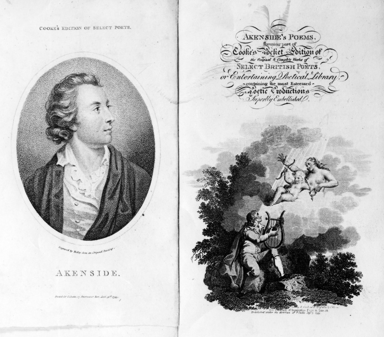 Frontispício e página de título para Akensides Poems de Cookes Pocket Edition de Select British Poets, publicado em 1799 de English School
