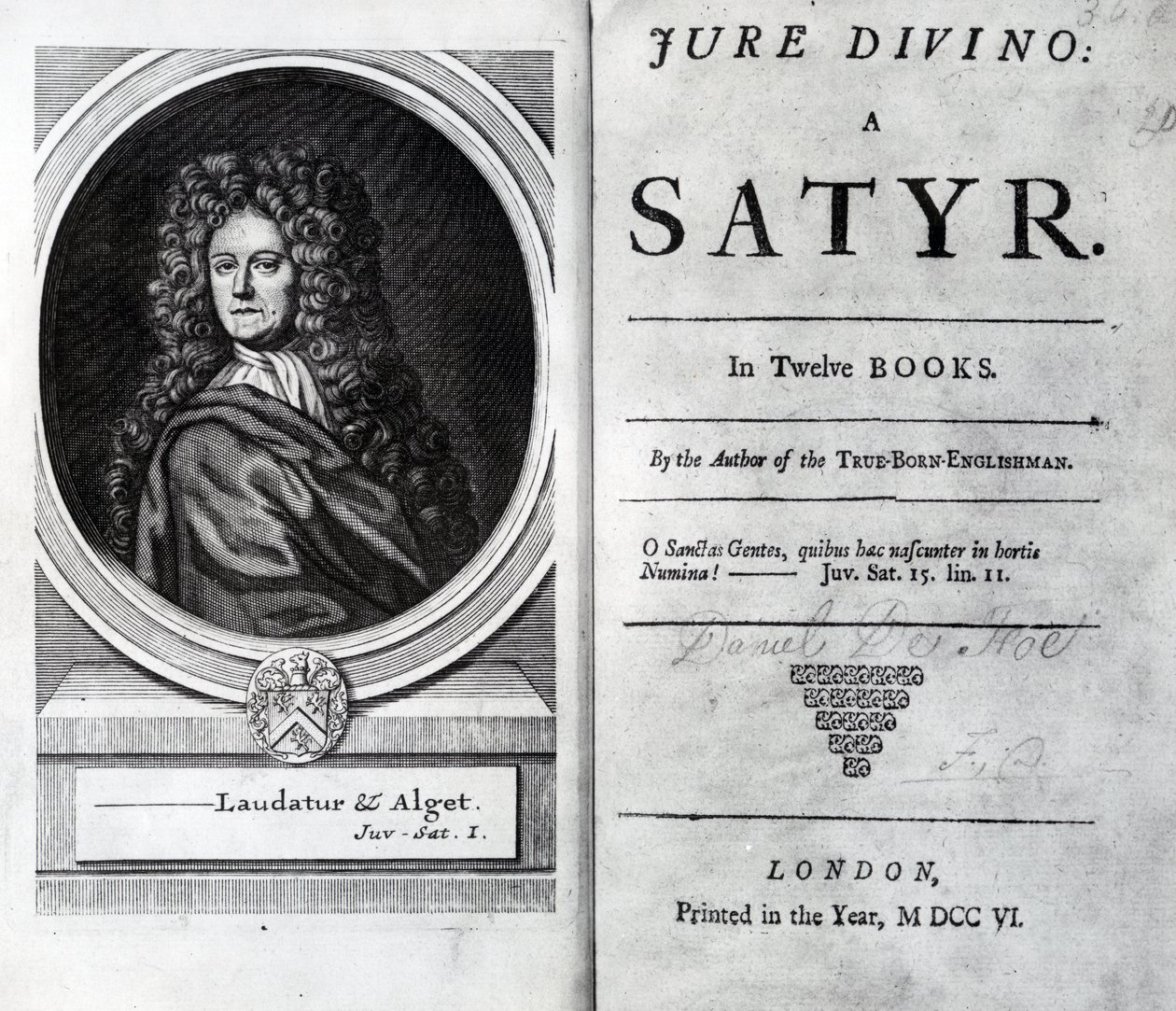 Frontispício e página de título para Jure Divino: A Satyr por Daniel Defoe, publicado 1706 de English School