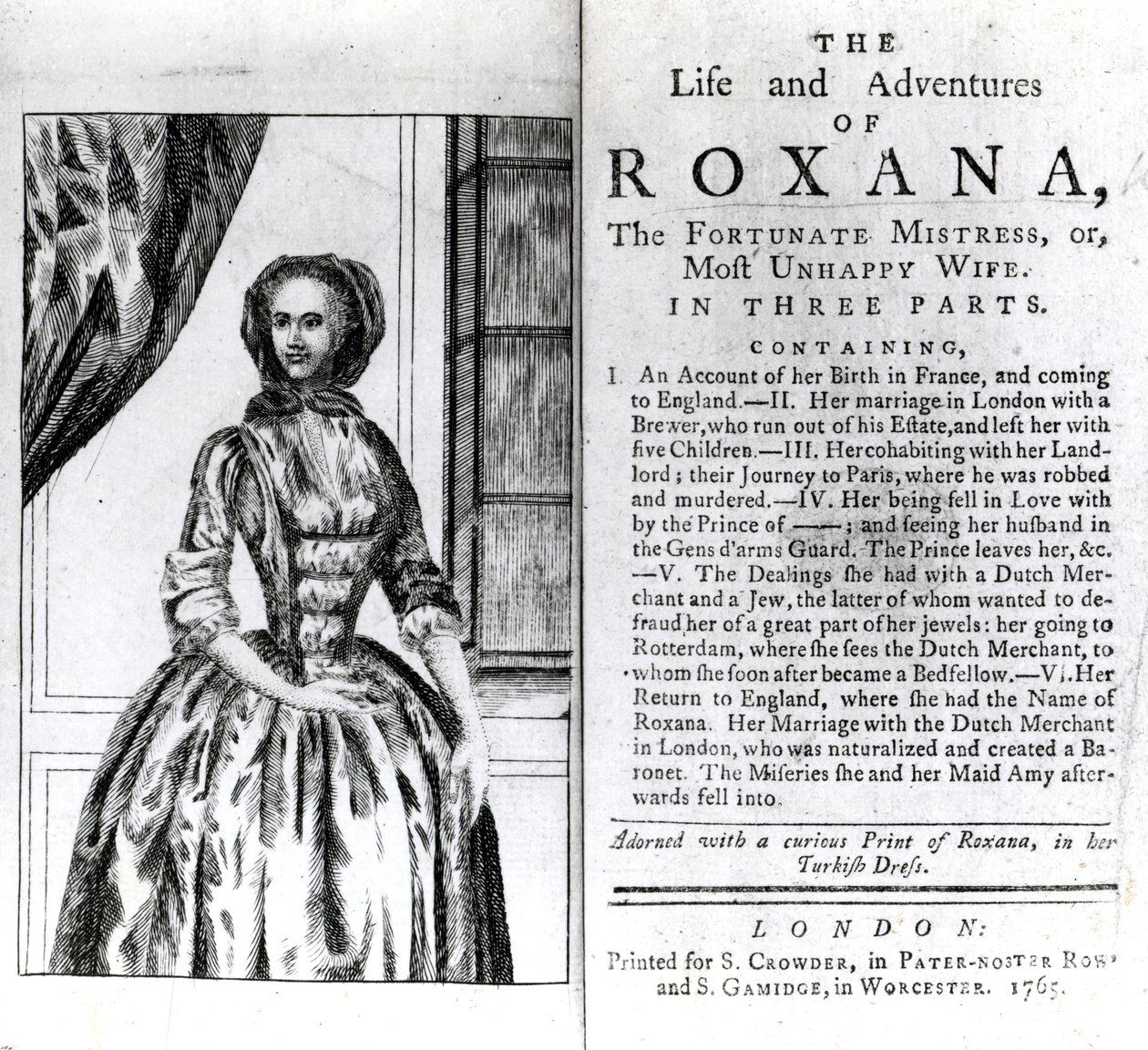 Frontispício e página de título para A vida e aventuras de Roxana por Daniel Defoe, publicado em 1765 de English School