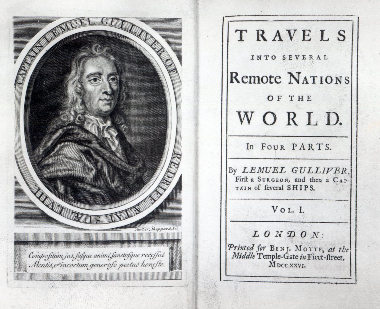 Frontispício e título para Gullivers viaja por Jonathan Swift, 1726 de English School