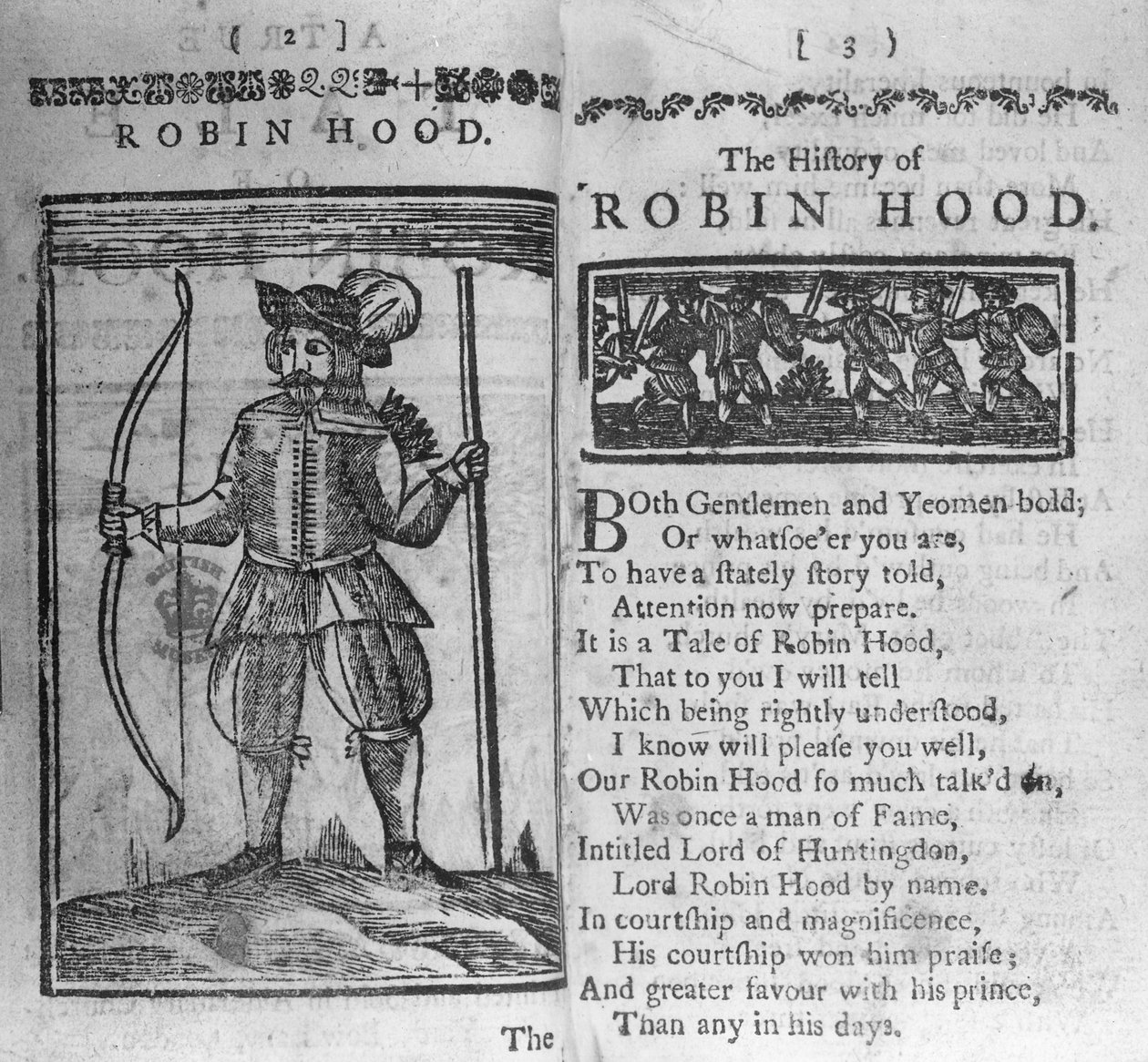 Frontispício e linhas de abertura para The History of Robin Hood de English School