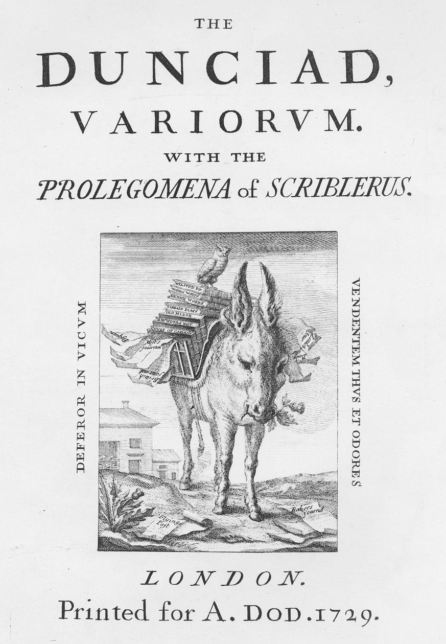 Frontispício e página de título para The Dunciad Variorum por Alexander Pope, 1729 de English School