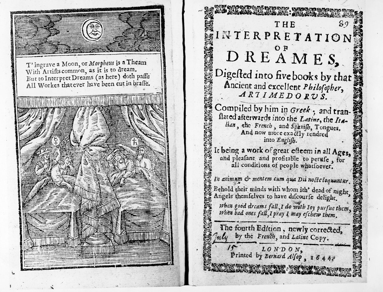 Frontispício e folha de rosto da The Interpretation of Dreams de Artemidorus, edição em inglês publicada em 1644 de English School