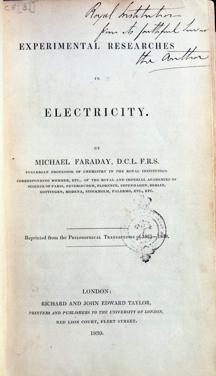 Frontispício para Pesquisas Experimentais em Eletricidade por Michael Faraday (1791-1867) publicado em 1839 de English School