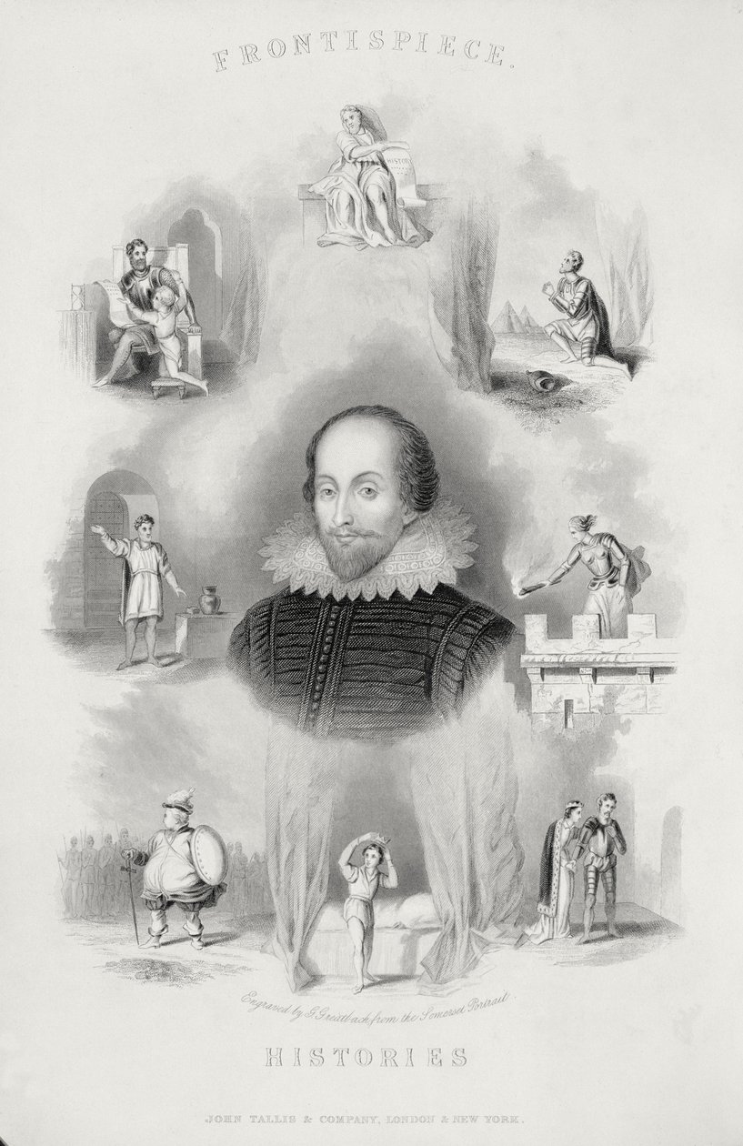 Frontispício para as Histórias, de The Complete Works of Shakespeare, revisado por JO Halliwell, gravado por G. Greatbach de English School