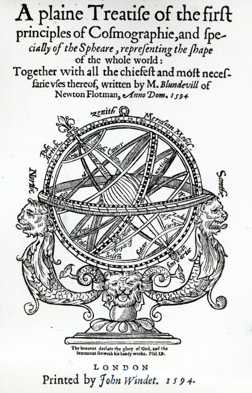 Frontispício de Um Tratado Simples dos Primeiros Princípios de Cosmographie de Thomas Blundeville, publicado em 1594 de English School