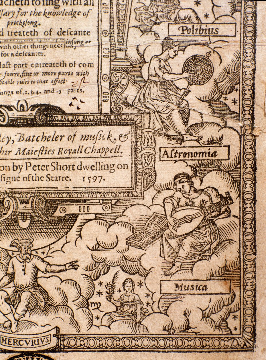 Frontispício de A Plaine e Easie Introdução ao Practicalall Musicke por Thomas Morley, detalhe, 1597 de English School
