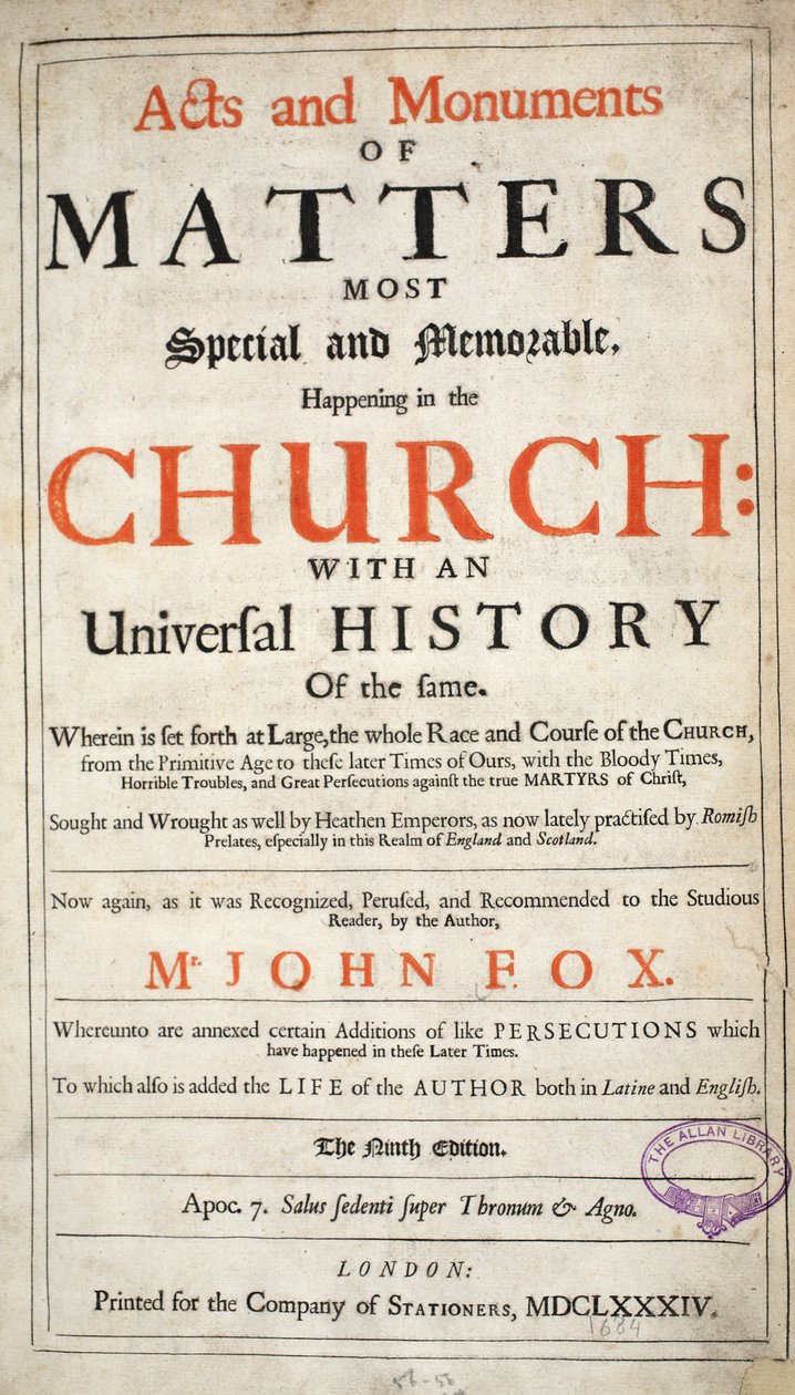 Frontispício, de Atos e Monumentos de John Foxe, nona edição, pub. 1684 de English School