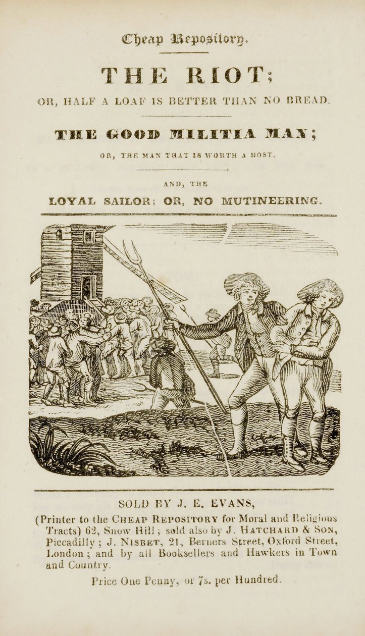 Frontispício de "O motim, ou, Meio pão é melhor do que pão nenhum; O bom miliciano, ou, O homem que vale a pena hospedar; e, O marinheiro leal, ou, sem amotinado", c.1839-44 de English School