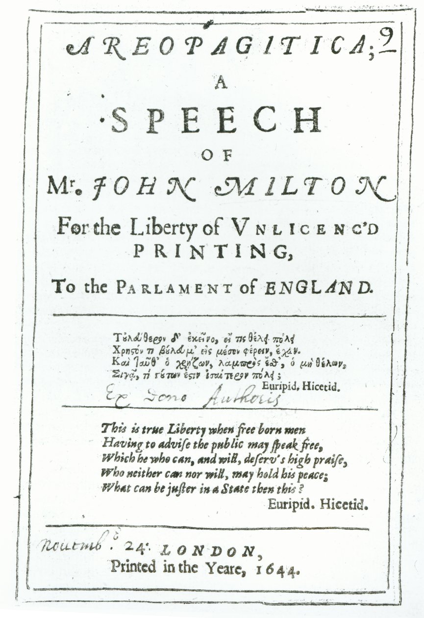 Frontispício de Areopagitica, um discurso de John Milton (1608-74) pub. em 1644 de English School