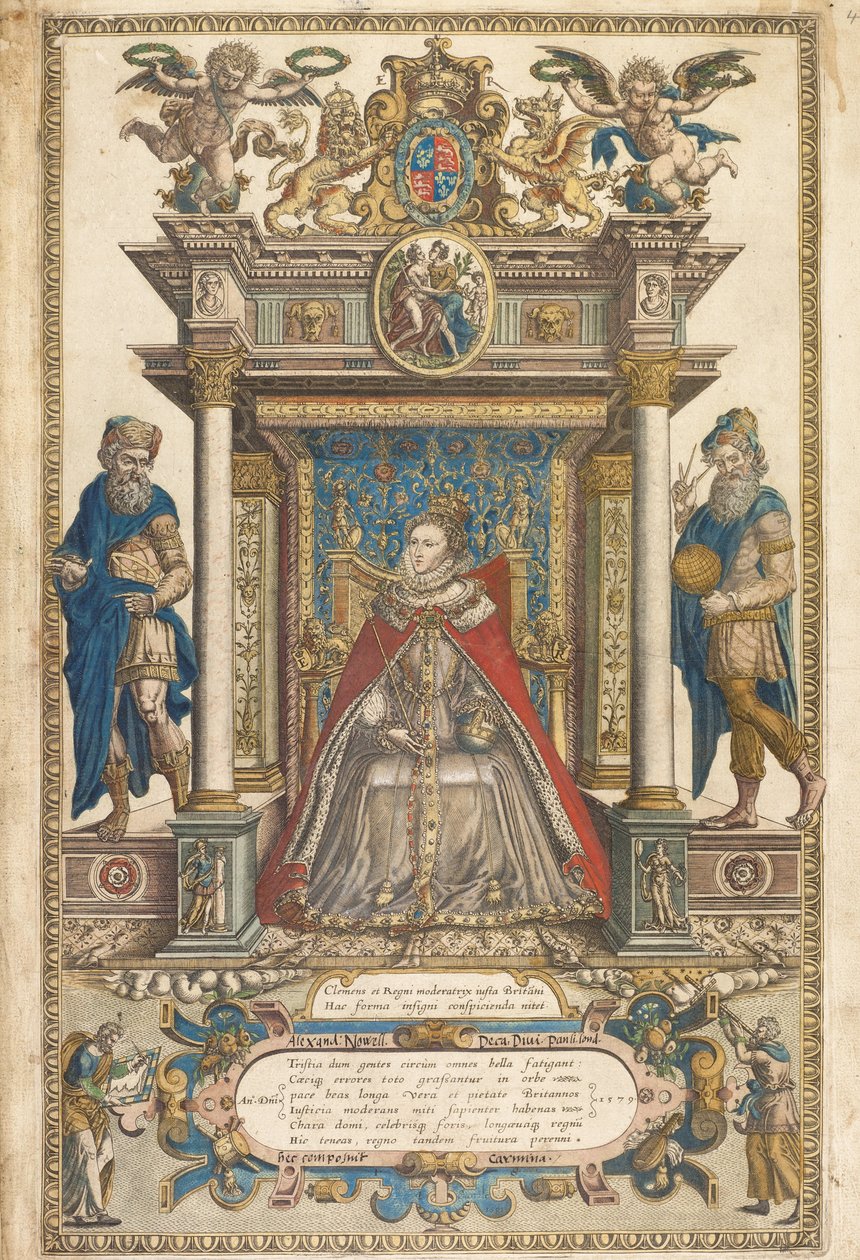 Frontispício do Atlas dos Países da Inglaterra e País de Gales por Christopher Saxon, Londres 1579 (gravura colorida à mão) de English School