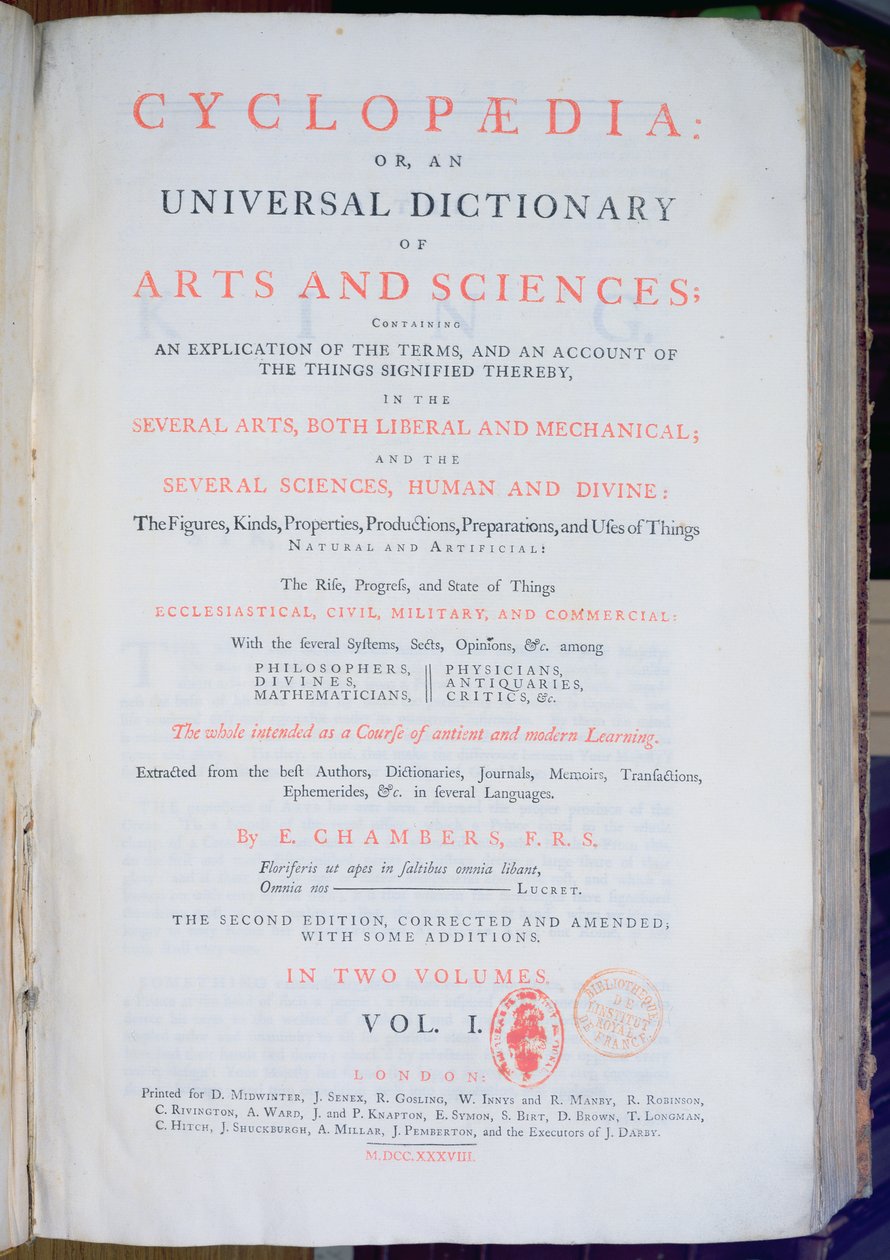 Frontispício da Enciclopédia: Um Dicionário Universal de Artes e Ciências, vol. Eu, de Ephraim Chambers, Londres, 1738 (papel impresso) de English School