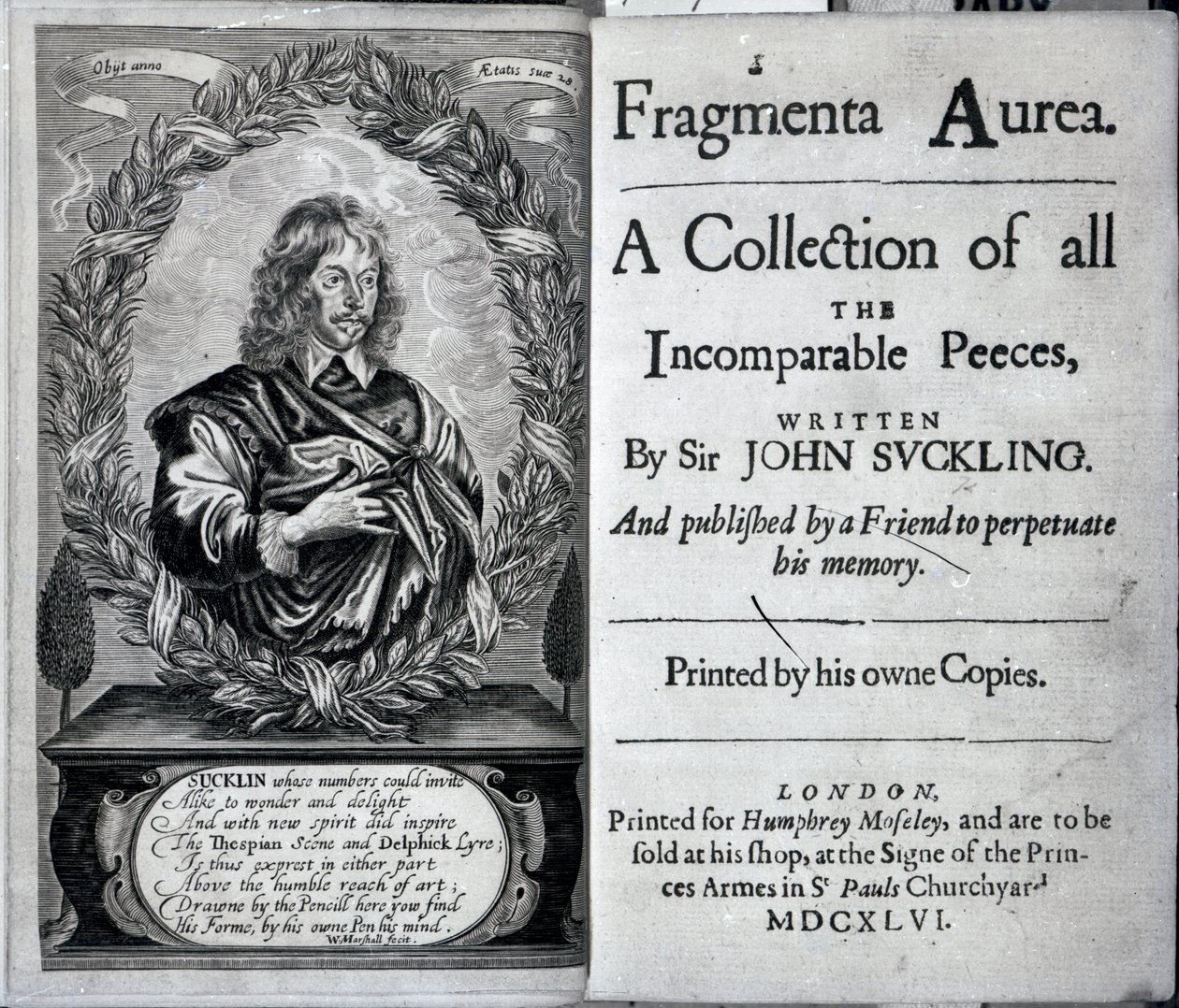 Frontispício da Fragmenta Aurea, uma coleção de todos os Peeces Incomparáveis escrito por Sir John Suckling, publicado em 1646 de English School