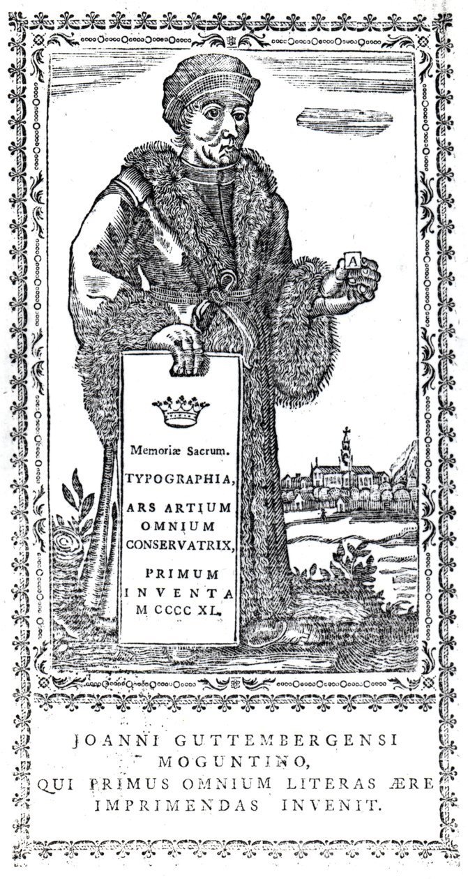 Frontispício de Johannes Gutenberg de A Concise History of the Origin and Progress of Printing por Philip Luckombe, publicado em 1770 de English School