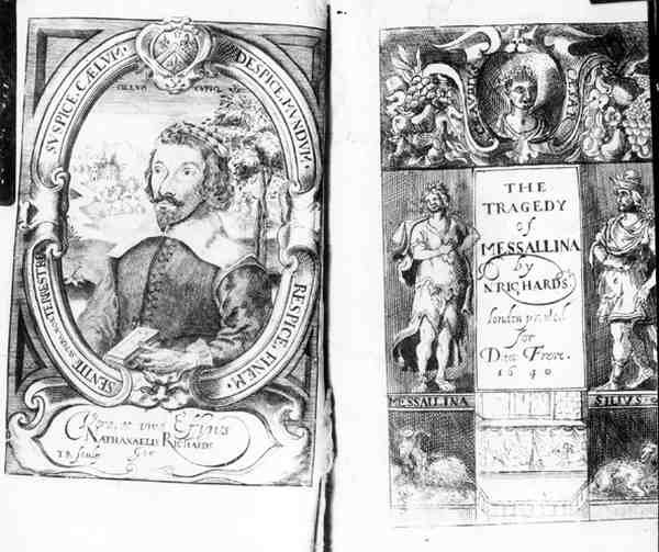 Frontispício da tragédia de Messallina por Nathanael Richards (fl.1630-40), pub. em 1640 de English School