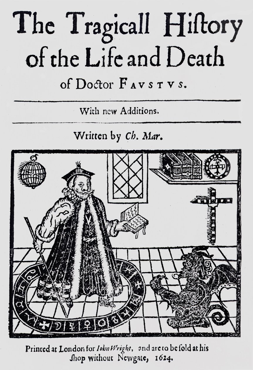 Frontispício da Tragicall História da Vida e Morte do Doutor Fausto, por Christopher Marklin, c.1616 de English School
